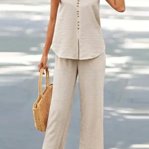 Women Plain V Neck Sleeveless Comfy Casual Buckle Top With Pants Two-Piece Set, Sets, color:Apricot|size:5XL, Noracora