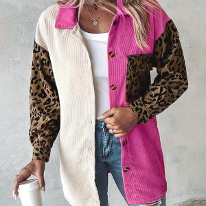 Colorblock Leopard Print Corduroy Shacket, Jackets & Coats, chicme - Women's Fashion Online