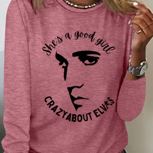 Women's She Is A Good Girl Crazy About King Of Rock Roll Print Simple Crew Neck Long Sleeve Shirt, Long sleeves, Lilicloth.com