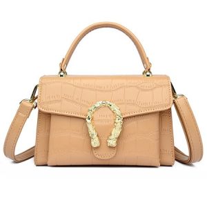 Metal Decor Stone Embossed Handbag Commuting Crossbody Bag, Bags, color:Khaki|size:One-size, Stylewe