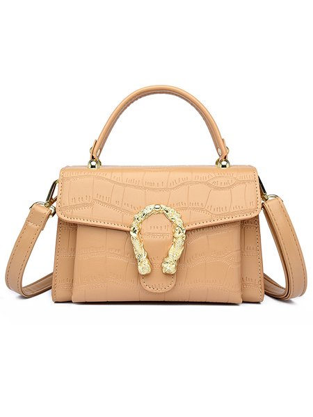Metal Decor Stone Embossed Handbag Commuting Crossbody Bag, Bags, color:Khaki|size:One-size, Stylewe