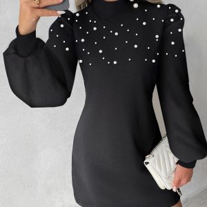 Pearls Studded Lantern Sleeve Casual Dress, Casual Dresses, chicme - Women's Fashion Online