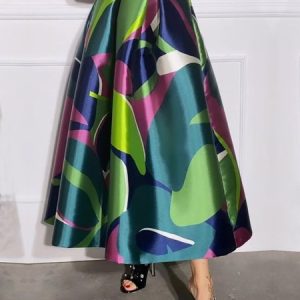 Elegant High Waist Abstract Regular Fit Umbrella Skirt, Skirts, color:Green|size:XXL, Stylewe