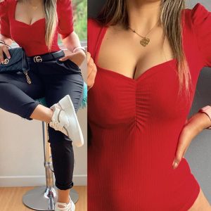 Asymmetrical Neck Puff Sleeve Ruched Bodysuit, Bodysuit, chicme - Women's Fashion Online