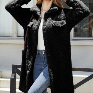 Shawl Collar Long Sleeve Plain Thicken Micro-Elasticity Loose Teddy Jacket For Women, Coats, color:Black|size:XXL, Noracora