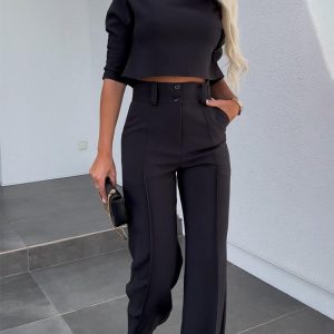 Mock Neck Crop Top & Pocket Design Buttoned Work Pants Set, Two-piece Sets, chicme - Women's Fashion Online