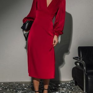 Elegant Plain Regular Fit V Neck Long Sleeve Party Dress, Midi Dresses, color:Red|size:XXL, Stylewe