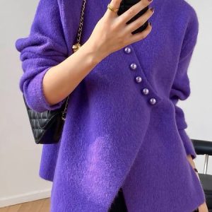 Urban V Neck Regular Fit Buttoned  Sweater, Pullovers, color:Purple|size:XXL, Stylewe