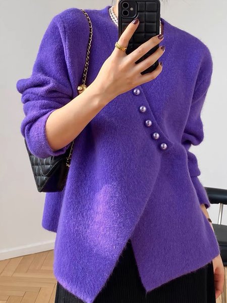 Urban V Neck Regular Fit Buttoned Sweater, Pullovers, color:Purple|size:XXL, Stylewe
