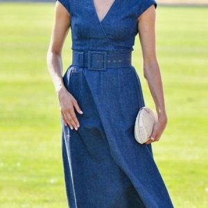Elegant Plain V Neck  Denim Dress With Belt, Midi Dresses, color:Blue|size:XXL, Stylewe