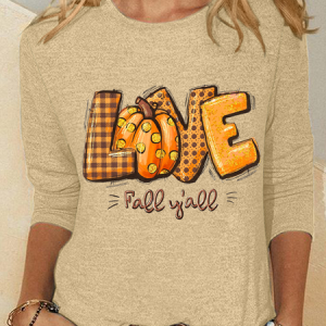 Love Fall Y'all Crew Neck Cotton-Blend Casual Text Letters Long Sleeve Shirt, Long sleeves, Lilicloth.com
