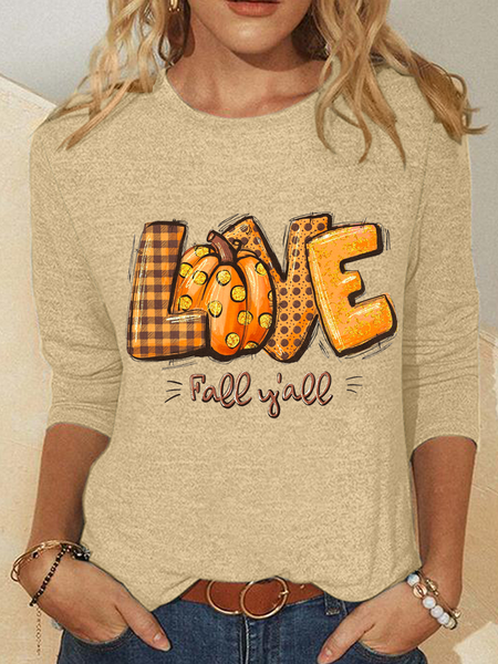 Love Fall Y'all Crew Neck Cotton-Blend Casual Text Letters Long Sleeve Shirt, Long sleeves, Lilicloth.com