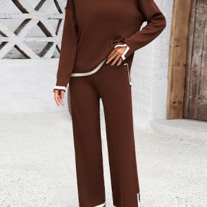 Women Color Block Crew Neck Long Sleeve Comfy Casual Top With Pants Two-Piece Set, Sets, color:Brown|size:XL, Noracora