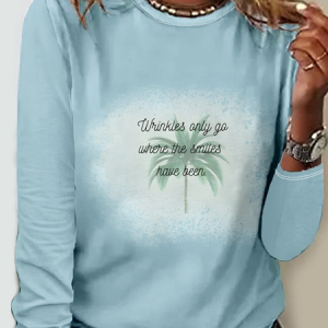 Casual Coconut Tree Regular Fit Crew Neck Long Sleeve Shirt, Blouses, Lilicloth.com