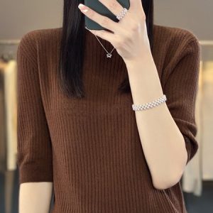 Crew Neck Short Sleeve Plain Regular Micro-Elasticity Loose Shirt For Women, Blouses, color:Coffee|size:XXL, Noracora