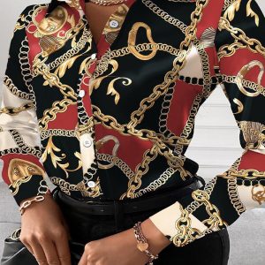 Plus Size Scarf Chain Print Long Sleeve Shirt, Blouses&Shirts, chicme - Women's Fashion Online