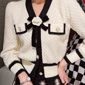 Color Block Elegant Long Sleeve Regular Fit Cardigan, Cardigans, color:Black-white|size:XXL, Stylewe