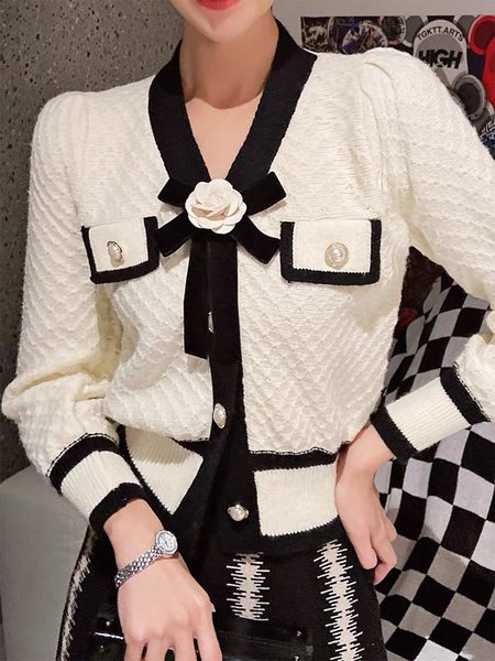 Color Block Elegant Long Sleeve Regular Fit Cardigan, Cardigans, color:Black-white|size:XXL, Stylewe