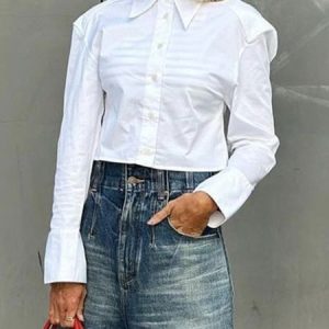 Plain Shirt Collar Regular Fit Urban Blouse, Blouses and Shirts, color:White|size:XXL, Stylewe