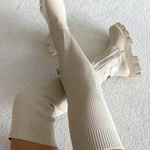 Plain Zipper Decor Knit Knee High Boots, Boots, chicme - Women's Fashion Online
