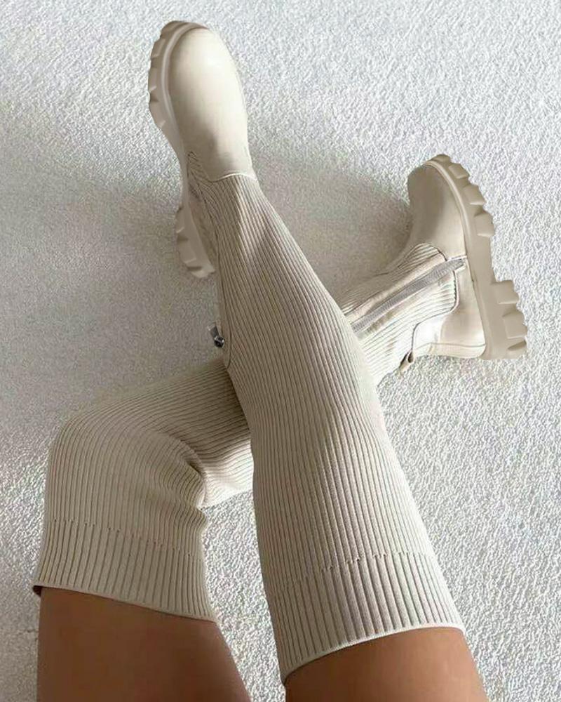 Plain Zipper Decor Knit Knee High Boots, Boots, chicme - Women's Fashion Online