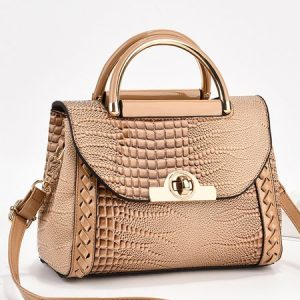 Crocodile Embossed Square Handbag Twist Lock Shoulder Bag, Bags, color:Khaki|size:One-size, Stylewe