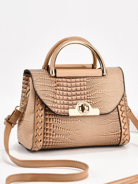Crocodile Embossed Square Handbag Twist Lock Shoulder Bag, Bags, color:Khaki|size:One-size, Stylewe