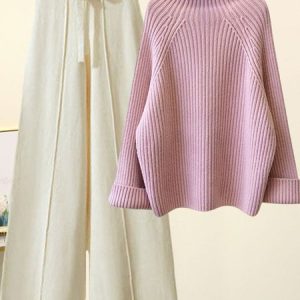 Women Plain Turtleneck Long Sleeve Comfy Casual Top With Pants Two-Piece Set, Sets, color:Color9|size:XXL, Noracora