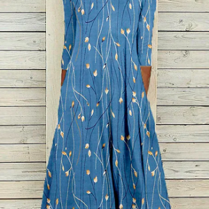 Women Floral Pattern Crew Neck Three Quarter Sleeve Comfy Casual Midi Dress, Dresses, color:Blue|size:XXL, Noracora