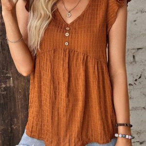V Neck Cap Sleeve Plain Buckle Regular Loose Shirt For Women, Blouses, color:Caramel|size:XXL, Noracora