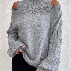 Cable Knit Lantern Sleeve Cold Shoulder Sweater, Sweaters & Cardigans, chicme - Women's Fashion Online