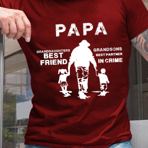 Men's Papa, Granddaughters Best Friend, Grandsons Best Partner In Crime Cotton Casual Crew Neck Text Letters T-Shirt, T-shirts, Lilicloth.com