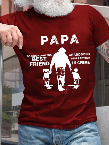 Men's Papa, Granddaughters Best Friend, Grandsons Best Partner In Crime Cotton Casual Crew Neck Text Letters T-Shirt, T-shirts, Lilicloth.com