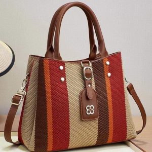 Casual Color-block Striped Tote Bag Large Capacity Crossbody Bag, Bags, color:Deep Red|size:One-size, Stylewe