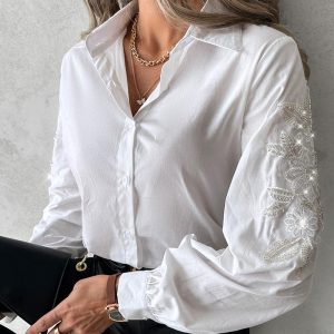 Floral Sequin Embroidery Buttoned Top, Blouses & Shirts, chicme - Women's Fashion Online