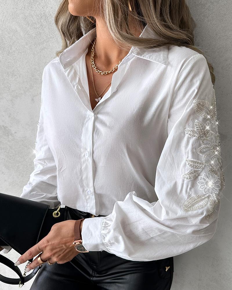 Floral Sequin Embroidery Buttoned Top, Blouses & Shirts, chicme - Women's Fashion Online