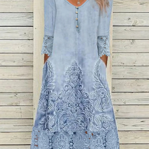 Women Floral V Neck Three Quarter Sleeve Comfy Casual Lace Midi Dress, Dresses, color:Blue|size:XXL, Noracora