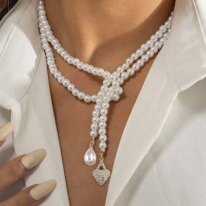 Elegant Imitation Pearls Tassel Rhinestone Heart Pendant Necklace, Necklaces, color:As Picture|size:One-size, Stylewe