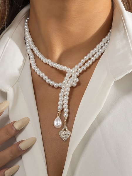 Elegant Imitation Pearls Tassel Rhinestone Heart Pendant Necklace, Necklaces, color:As Picture|size:One-size, Stylewe