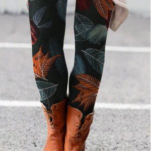 Mid Waist Leaves Printed Casual Leggings, Leggings, color:Black|size:3XL, Noracora