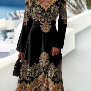 Women Ethnic V Neck Long Sleeve Comfy Casual Maxi Dress, Dresses, color:Black|size:XXL, Noracora