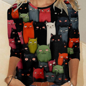 Crew Neck Long Sleeve Cat Regular Micro-Elasticity Regular Fit Shirt For Women, Blouses, color:As Picture|size:5XL, Noracora
