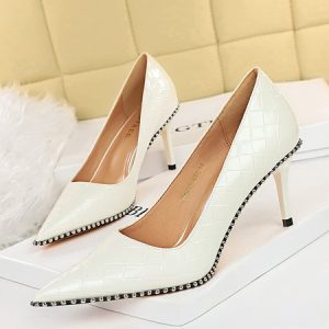 Stylish Woven Embossed Stiletto Heel Shallow Pumps, Heels, color:White|size:43, Stylewe