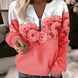Casual Crew Neck Floral Sweatshirt, Hoodies & Sweatshirts, color:Orange|size:XXL, Noracora