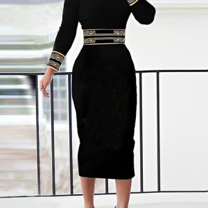 Stand Collar Elegant Print Regular Fit Dress, Midi Dresses, color:Black|size:XXL, Stylewe