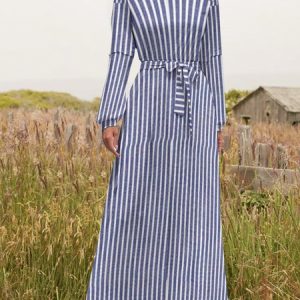 Women Striped Stand Collar Long Sleeve Comfy Casual Maxi Dress, Dresses, color:Blue|size:XL, Noracora