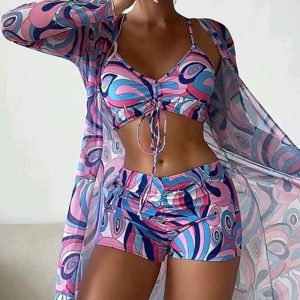3PCS Allover Print Drawstring Bikini Set With Cover Up, Bikini, chicme - Women's Fashion Online