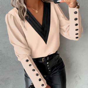 Contrast Paneled Gigot Sleeve Buttoned Top, Blouses & Shirts, chicme - Women's Fashion Online