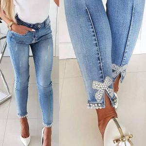 Beaded Slit Bowknot Decor Jeans, Jeans, chicme - Women's Fashion Online