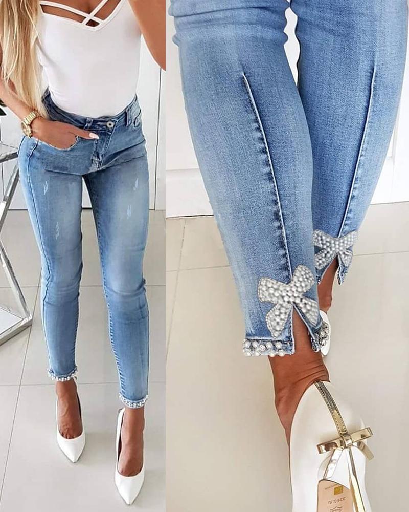 Beaded Slit Bowknot Decor Jeans, Jeans, chicme - Women's Fashion Online